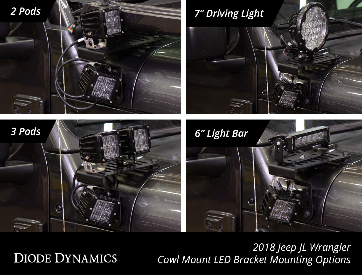 SS6 Cowl LED Bracket Kit for 2018-2021 Jeep JL Wrangler/Gladiator, White Driving